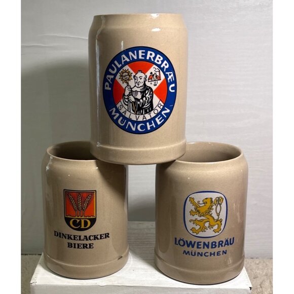 GERZ German Beer Stein Set 0.5L Löwenbräu Paulaner Dinkelacker Munich Stoneware - Picture 2 of 15